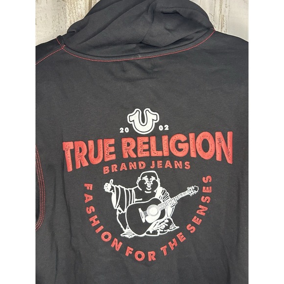 True Religion Other - NWT True Religion Full Buddha Zip Hoodie Triple Stitch Black Red Thread Sz L